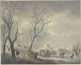 Winter landscape, skaters near tents on the canal, a hussar embraces a girl holding...19th century. Creator: Abraham Teerlink.
