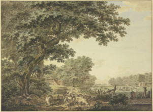 Meadow between the forest with many cattle, in the foreground a shepherd with his flock...18th cent. Creator: Jacob Cats.