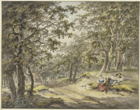 Path through the forest past a farmstead, a farmer and his wife resting..., 18th century. Creator: Hermanus van Brussel.