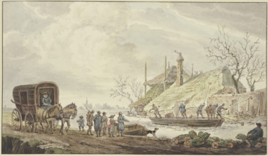 Winter landscape, at a farm boatmen are cutting the ice, a carriage on the left, 18th century. Creator: Johannes Hermanus van Loon.