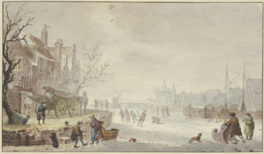 Winter landscape, on the river ice skaters, on the left a wagon at the quay, 18th century. Creator: Johannes Hermanus van Loon.