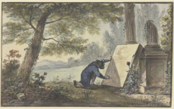 Landscape painter painting under a tree near two column fragments, 1797. Creator: Georg Karl Urlaub.