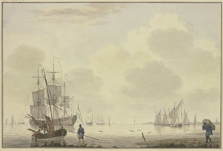 Marine, on the right a man carrying a sack, 18th century. Creator: Cornelis de Grient.