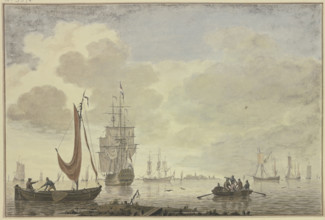 Marine, on the right a rowboat with five figures, 18th century. Creator: Cornelis de Grient.