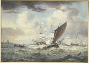 Rough sea with many ships, a large ship is loading a cannon, in front of it a boat...18th century. Creator: Leendert de Koningh.