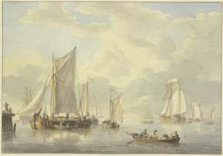 Calm sea with many ships, in the foreground a boat with three rowers and a woman, 19th century. Creator: Martinus Schouman.