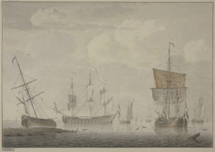 Calm sea with many ships, on the left a ship lies on the beach, 1769. Creator: Cornelis de Grient.