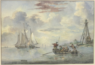 Calm sea, the sun rises, in the foreground a boat with several people heads towards..., 18th century Creator: Leendert de Koningh.