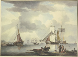 Many ships, on the right on the beach a woman and two men, one of whom holds..., 18th century. Creator: Leendert de Koningh.