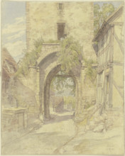 Gateway in Waldeck with a view of a road leading downhill, 1880. Creator: Peter Becker.
