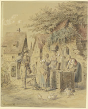 Maids and a journeyman at the well, 1887. Creator: Bertha Bagge.