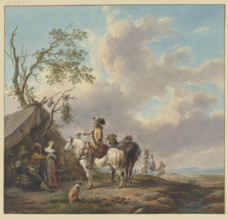 Riders halt in front of a sutler's tent, one holds a jug, a soldier caresses the sutler's wife. Creator: Unknown.