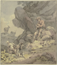 Scottish shepherd sitting with his flock of goats in front of a rock face, playing..., 18th century. Creator: Franz Joseph Manskirsch.