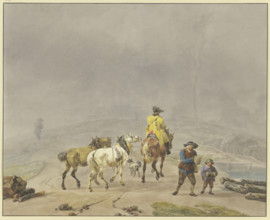 Mounted postilion with two lead horses in a winter landscape, 18th century. Creator: Wilhelm von Kobell.