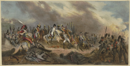 Napoleon with his Riding a horse across a battlefield, 1829. Creator: Unknown.