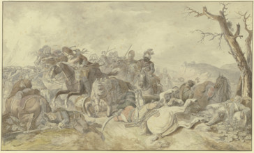 Cavalry charge against infantry, a dying drummer on the right, late 18th century. Creator: Georg Friedrich Hoch.