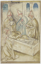 Four clergymen praying around a coffin (The Death of Saint Ulrich), 15th century. Creator: German, 15th century;.
