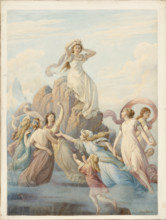 Female figures around a rock, Schiller's "Berglied", 1881.  Creator: Leopold Bode.
