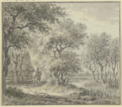 Woodland scene with water and a house, including a rider, 18th century. Creator: Jan Evert Grave.