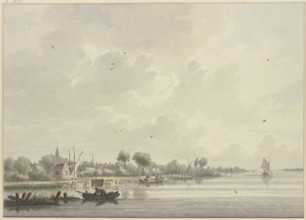Dutch village on a wide river bustling with several boats, a bird flies on the water...18th century. Creator: Nicolaas Wicart.
