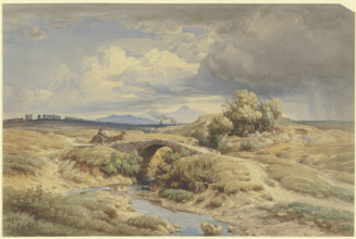 Italian countryside with aqueducts on the left, 1853. Creator: Eduard Wilhelm Pose.