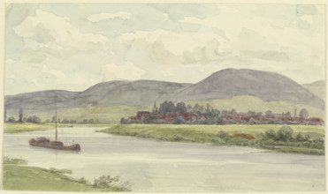 Village on a river with mountains in the middle ground, 19th century. Creator: Karl Peter Burnitz.