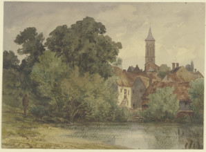 Pond, behind it the houses of a village with a church steeple, 19th century. Creator: Karl Peter Burnitz.