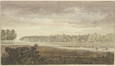Landscape, a long grove in the background, fields with some sheaves of grain in..., 18th century. Creator: Jacobus van Liender.
