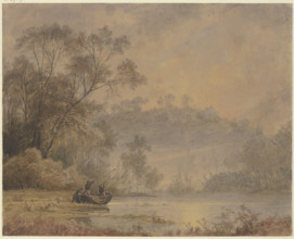 Forest lake, from whose shore a boat with three men is departing, 19th century. Creator: Johann Wilhelm Schirmer.