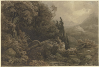 High mountain landscape in a storm, 19th century. Creator: August Weber.