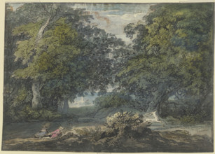 Wooded landscape, a man is hunting a white stag, a woman is sitting with him. Woman, 18th century. Creator: Jacobus van Liender.