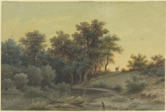 Forest edge with a river in the evening light, 19th century. Creator: Jakob Maurer.