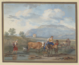 Shepherds drive cows through water, a woman carries her child on her back on...18th cent. Creator: Aert Schouman.