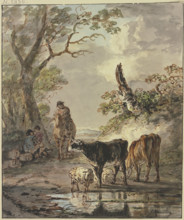 Shepherds resting at a watering place, 18th century. Creator: Jacob van Strij.