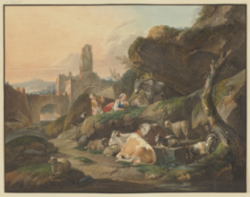 Shepherds on rocks, a shepherdess lies in front of a donkey, cows, sheep, and goats..., 1803. Creator: Johann Friedrich Morgenstern.