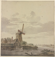 Small river flowing into the sea, a windmill on the left, 18th century. Creator: Hendrik Kobell.