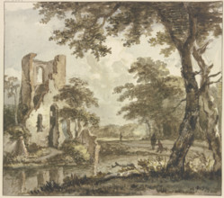 A ruin on the left by the water, a Anglers and two other figures, 18th century. Creator: Jan Hulswit.