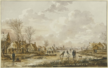 Winter landscape, on a frozen river near a small town ice skaters, 18th century; 17th century. Creator: Andries Vermeulen.