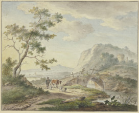 A man walks across a stone bridge; on the path is a farmer with a cow and sheep, 1777. Creator: Johannes Christiaan Janson.