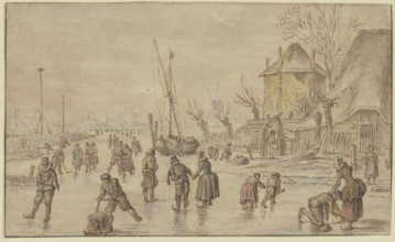 Winter landscape, on the ice many skaters, on the right a man is putting skates..., 17th century. Creator: Hendrick Avercamp.