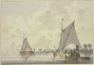 Two ships sailing on a very wide river, a church on the bank among the trees, 18th century. Creator: Nicolaas Wicart.