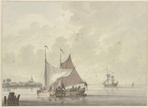 Two ships lie side by side, one is having its sail hoisted, four others in the..., 18th century. Creator: Nicolaas Wicart.