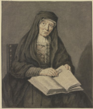 Old woman sitting reading a book, holding her glasses in her hand, half-length..., 17th-18th century Creator: Jean Pierre de Frey.