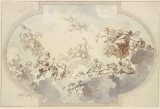 Many genii and Bacchantes float in clouds, early-mid 18th century. Creator: Jacob de Wit.