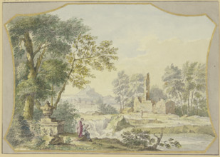 Landscape with ruins; to the left, by a vase under trees, two figures, 1764. Creator: Jacob van de Velde.