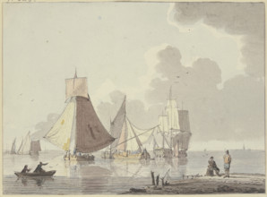 Calm sea with many ships, on the left a boat with two men, on the right on the shore..., 18th centur Creator: Hendrik Kobell.