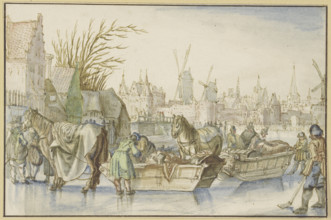 Winter landscape, in the foreground two horse-drawn sleighs, 16th century. Creator: Claes Jansz Visscher the Elder.