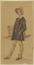 Standing painter with painting equipment (brushes, portfolio, umbrella), 19th century. Creator: Carl Constantin Heinrich Steffeck.