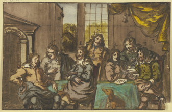 Seven gentlemen sitting in a room around a green table, occupied with papers, with a dog, 17th cent. Creator: Jan van Mieris.