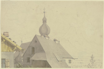 Tyrolean village church and the surrounding houses with a view of the Alps, 19th century. Creator: Karl Ballenberger.